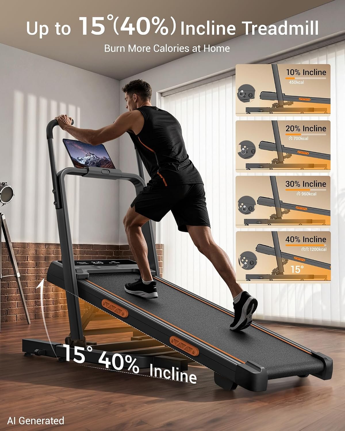 LONTEK Walking Pad Treadmill with 40% Incline & Elevated Dual Handle Bar | Foldable, Compact, Portable Treadmill for Home Small Spaces, Quiet 3HP, 6.2 MPH, Reinforced 350LBS, Anti-Slip Tablet Holder - Image 2