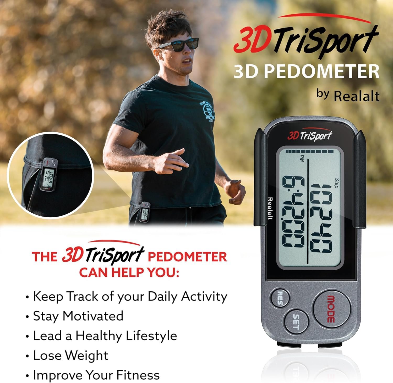 Realalt 3DTriSport 3D Walking Pedometer with Clip & Strap, Accurate Step Counter with 30-Day Memory, Distance in Miles/KM with Large Display Perfect for Seniors & Beginners, eBook Included - Image 3