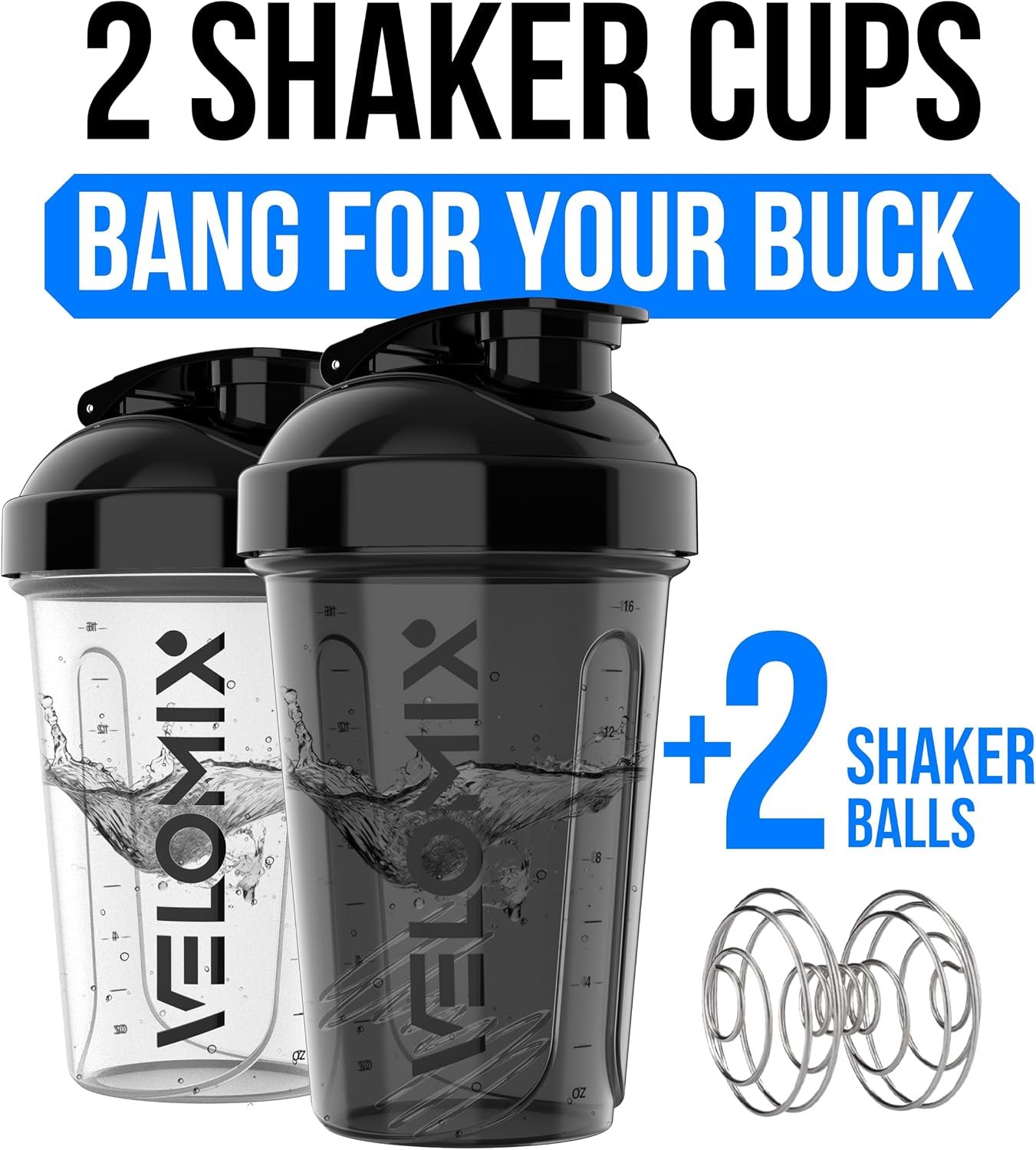 VELOMIX 2 Pack 20oz Protein Shaker Bottle for Protein Mixes, Black/Transpar | 2x Wire Whisk, Leak Proof Shaker Cups for Protein Shakes, Stackable, Dishwasher safe, BPA free, Pre Workout and Fitness ready - Image 2