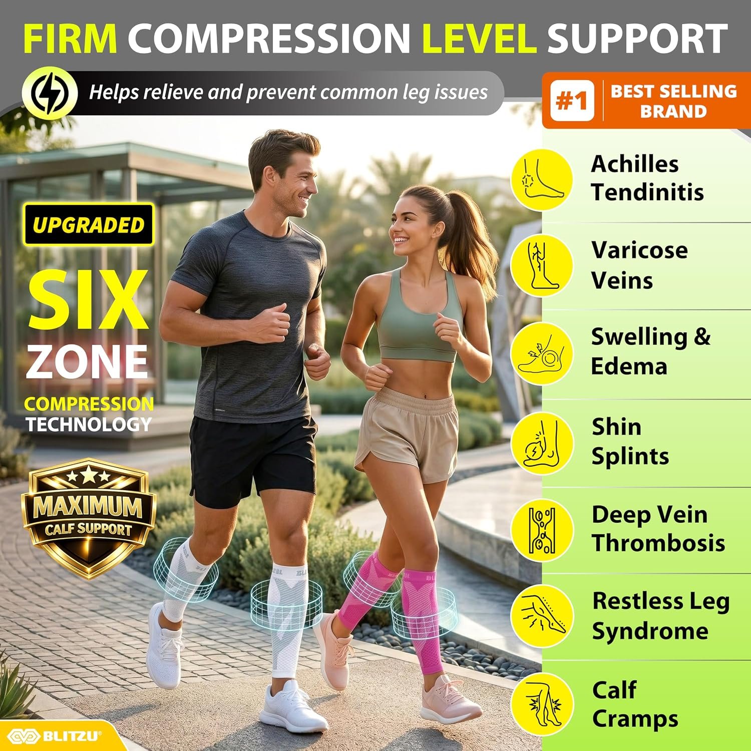 BLITZU Calf Compression Sleeves, Footless Compression Socks for Men & Women | Leg Support Brace, Shin Splint Pain Relief, Reduce Varicose Vein Swelling, Muscle Recovery, Running, Nursing, Fitness, Travel - Image 2