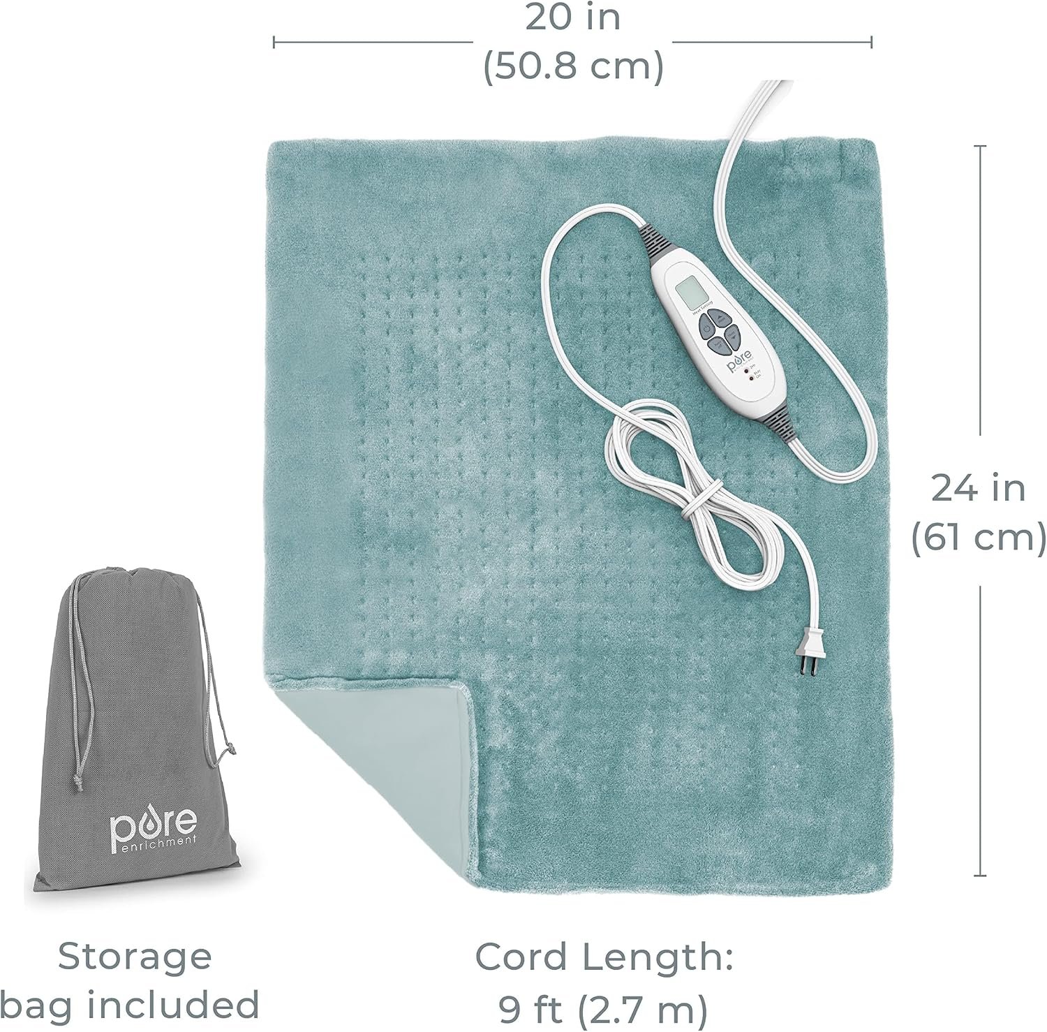 Pure Enrichment PureRelief Ultra-Wide Microplush Heating Pad - 20” x 24” XXL Size & 6 Heat Settings for Temporary Neck, Shoulder & Back Pain Relief - Moist Heat Option & Machine Washable (Sea Glass) - Image 7