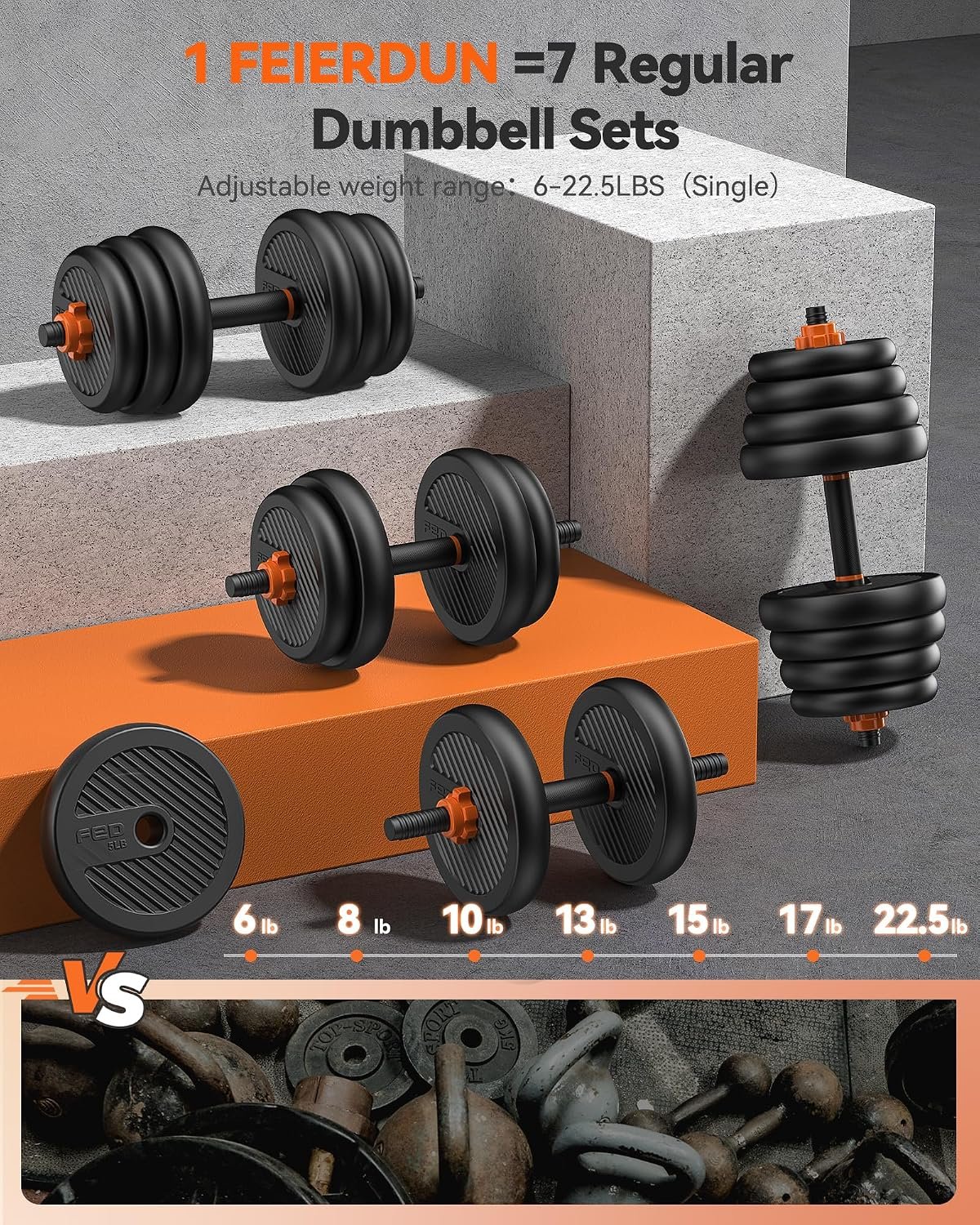 FEIERDUN DS2 Adjustable Dumbbells, 20/30/40/45/70/90lbs Free Weight Set with Connector, 5 in1 Dumbbells Set Used as Barbell, Kettlebells, Push up Stand, Weight Plate, Fitness Exercises for Home Gym Suitable Men/Women - Image 3