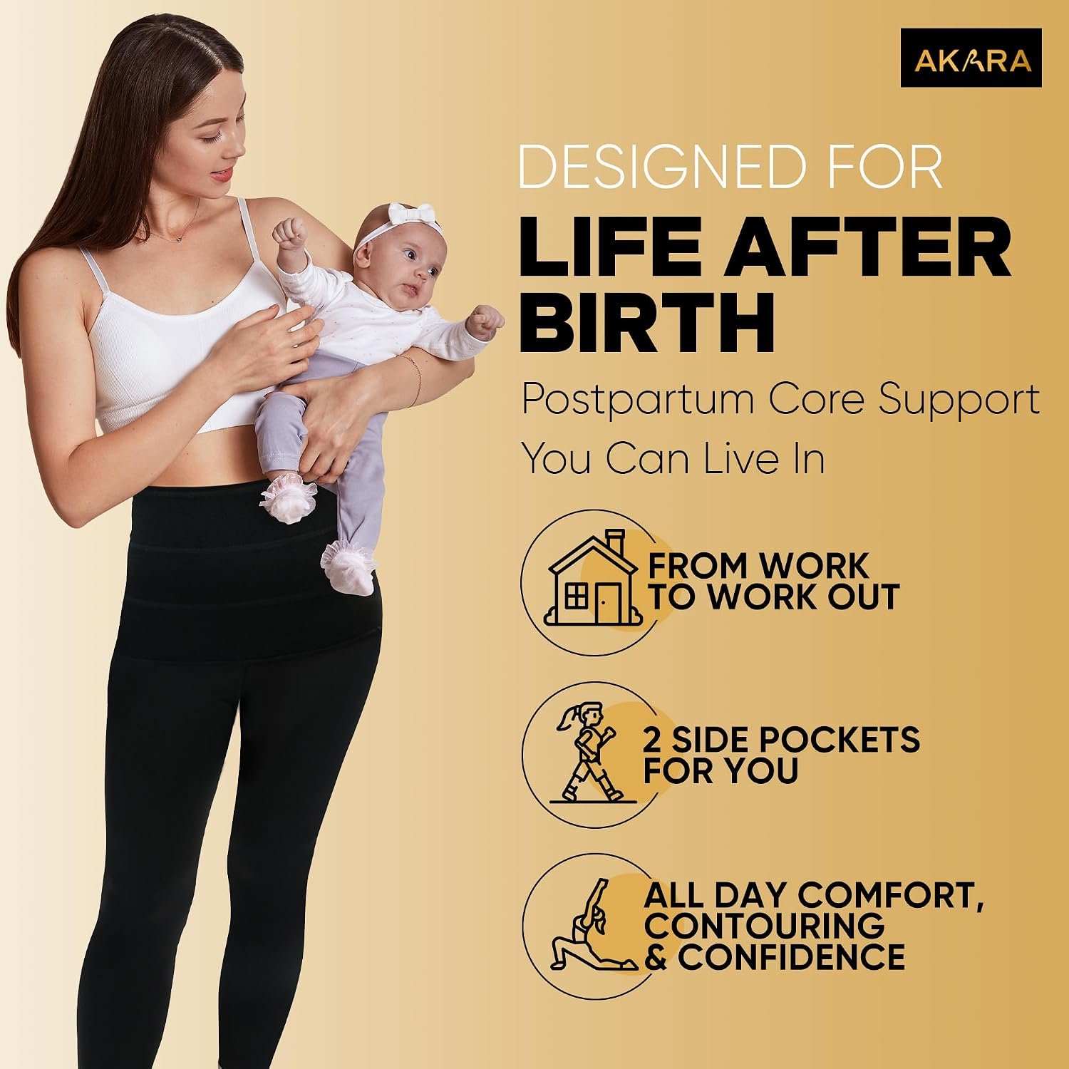 AKARA Postpartum Tummy Control Leggings for Women – No Roll Down Leggings – Two Pockets Three Tier High Waist Band Yoga Pants - Image 4