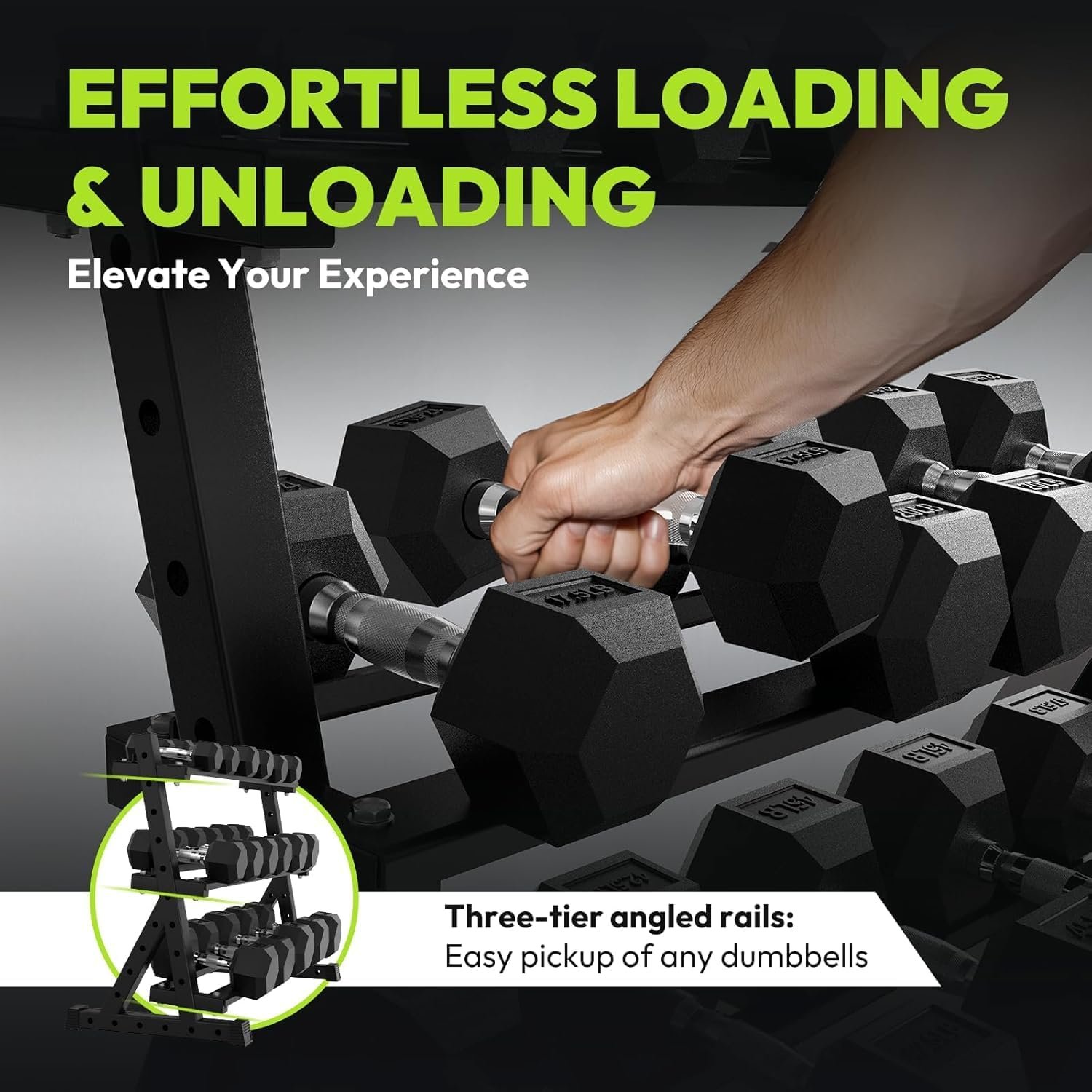 HANDBODE Rubber Coated Hex Dumbbell Set with Rack, 300-840 lb - Image 6
