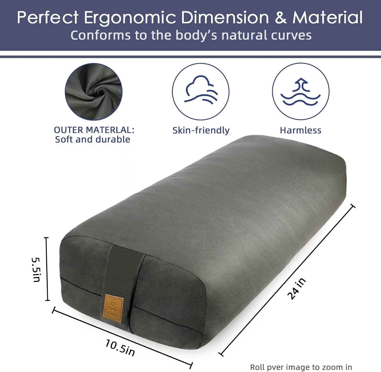 Organic Buckwheat Bolster (24X10.5X5.5 in) Supportive Rectangular Meditation Pillow 100% Cotton Cover Yoga Pillow - Image 2
