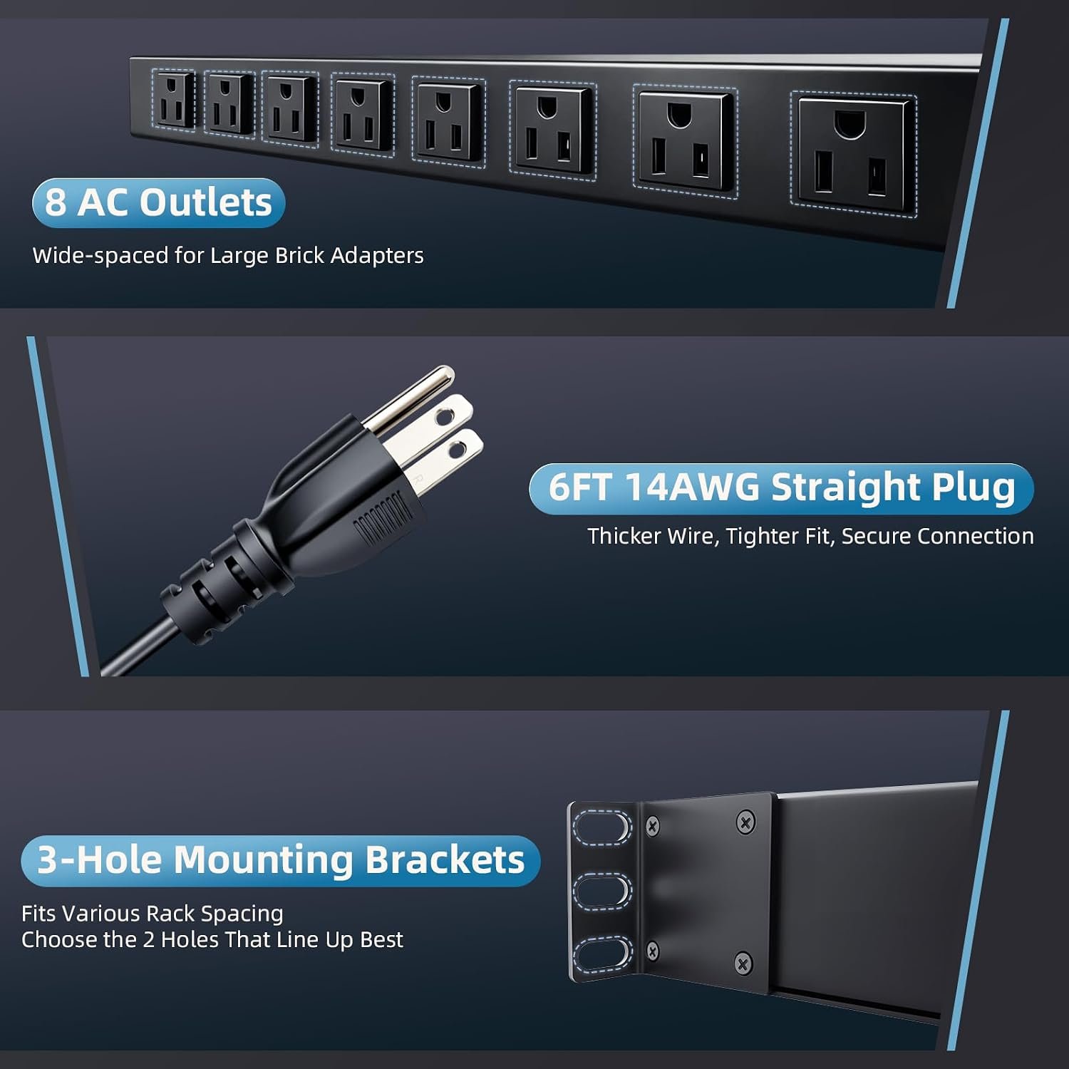 8 Outlet 1U Rack Mount PDU Power Strip 2000J Surge - Image 6