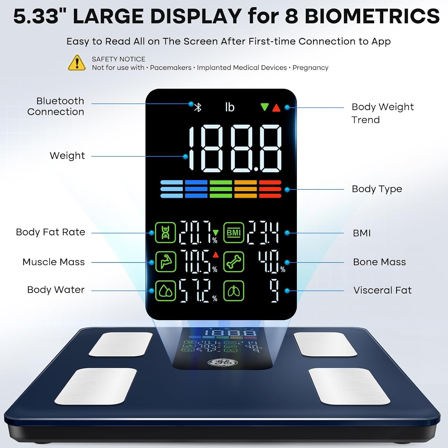 GE Smart Scale for Body Composition, Weight, BMI, 500lb, Large 11.8-Inch - Image 2
