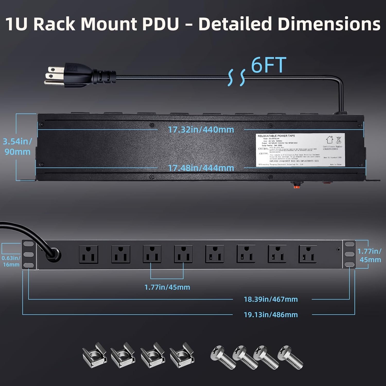 8 Outlet 1U Rack Mount PDU Power Strip 2000J Surge - Image 7