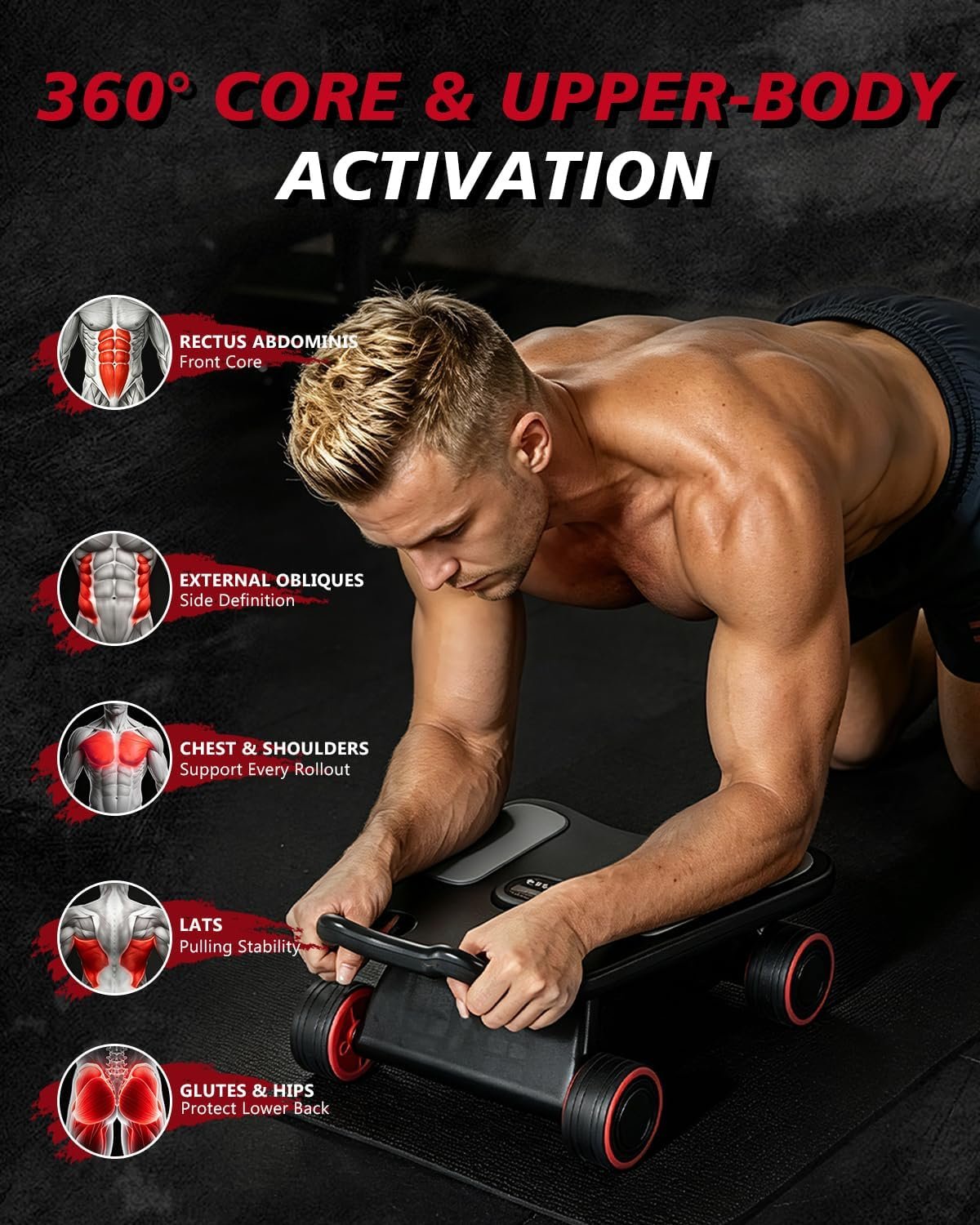 Ab Roller Wheel, Ab Roller, Upgraded Automatic Rebound Ab Roller with Elbow Support, Knee Mat & Timer, 4 Wheels Ab Workout Equipment for Core Strength Training, Silent Ab Wheel for Beginners Men Women Home Gym Fitness - Image 3
