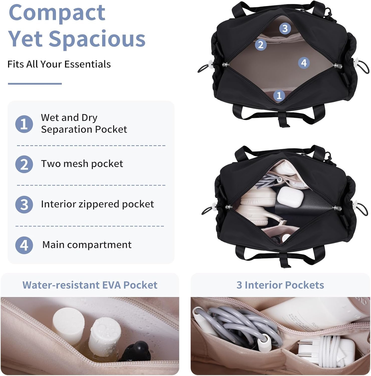 ECOHUB Small Gym Bag for Women, Mini Duffle Bag with Wet Compartment Black - Image 2