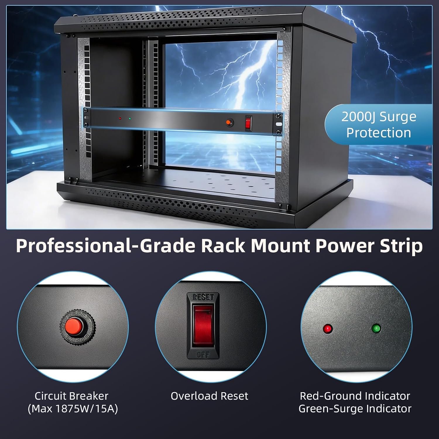 8 Outlet 1U Rack Mount PDU Power Strip 2000J Surge - Image 2