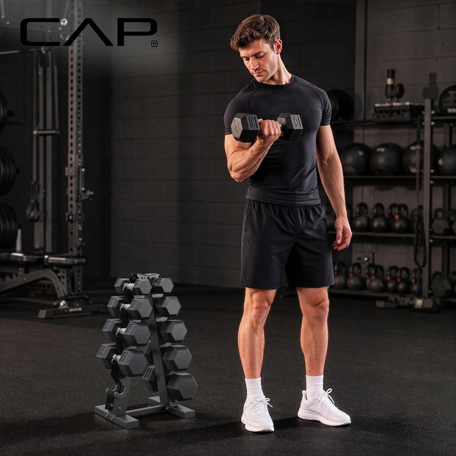 CAP Rubber Coated Dumbbell Weight Set with Vertical Rack | 100 lb, 150 lb, and 210 lb Options - Image 8