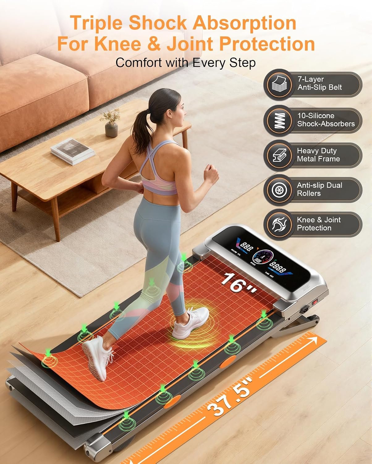 Walking Pad Treadmill with 15% 12-Level Auto Incline & UI Screen, Trisomy 3.5HP Foldable Under Desk Treadmill with Bluetooth Speaker, Portable Treadmills for Home Office 450LBS, Remote, RGB Light - Image 5